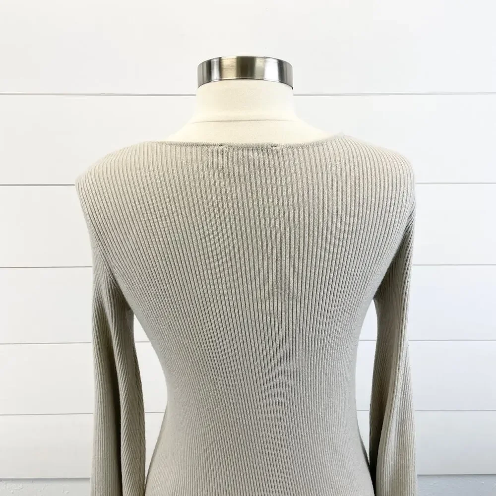 Lulus Womens M Jourdaine Taupe Bell Sleeve Sweater‎ Dress V-Neck Fall Stretchy